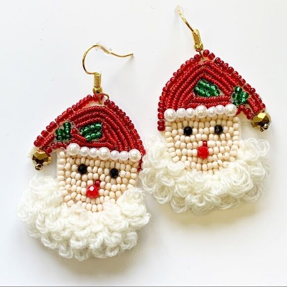 Boho Seed Beaded Big Beard Christmas Santa Claus Earrings - Picture 1 of 9